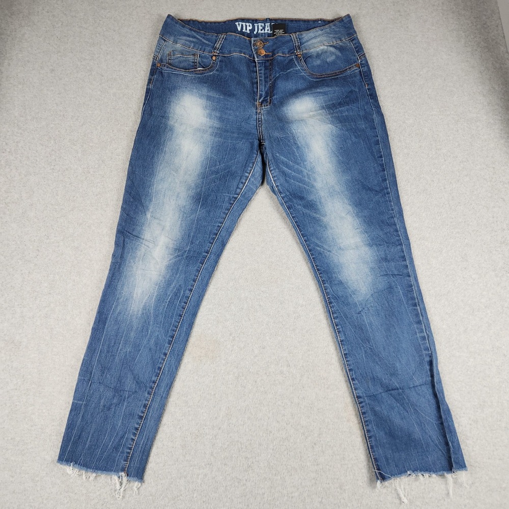 VIP Jeans Denim Pants Womens 18 Blue Medium Wash High Rise Stretch Frayed Hem